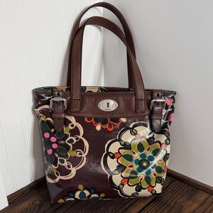 Fossil Key-Per Brown Floral Coated Canvas and Leather Tote Bag